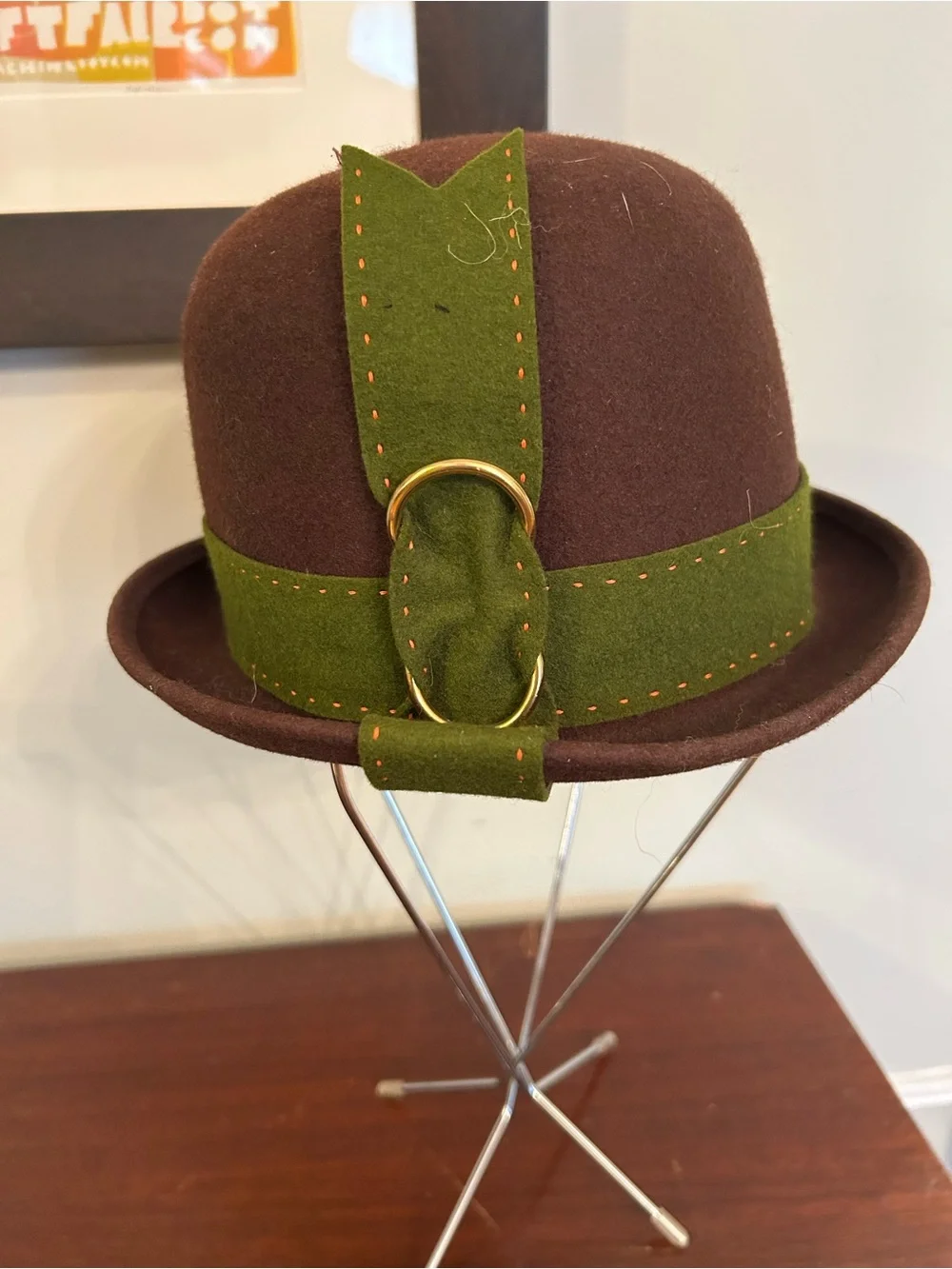 Vintage Brown Wool Bowler Hat with Green Band